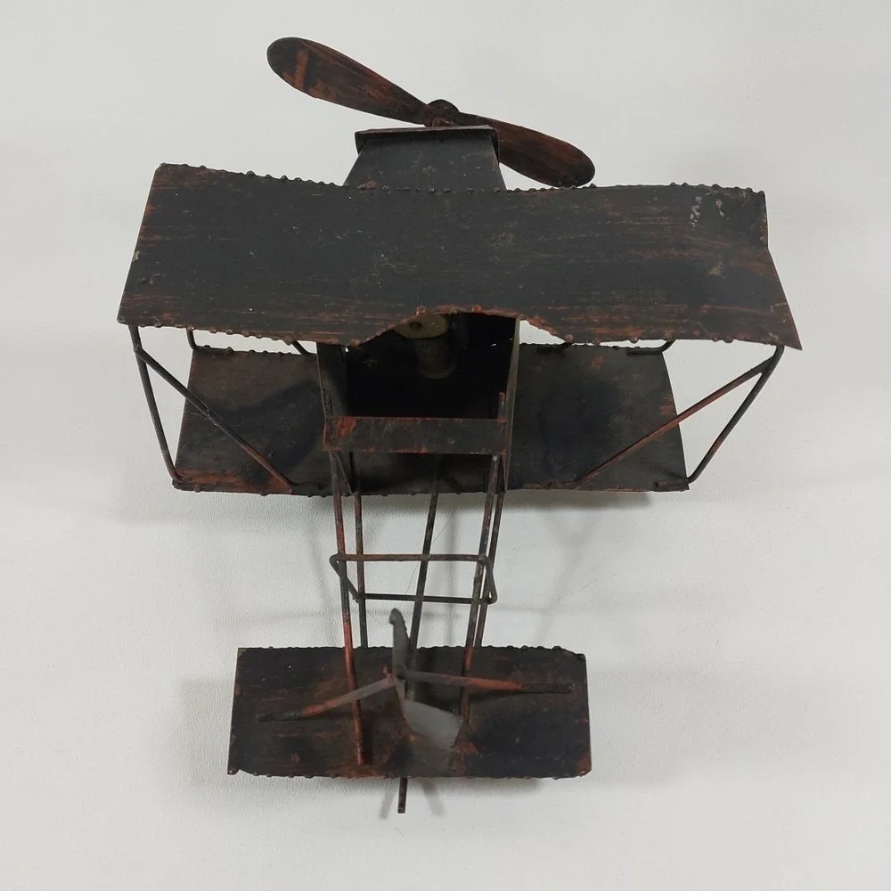 George Imports Tin Copper Toned Metal Biplane Wind Up Propeller SANKYO Music Box